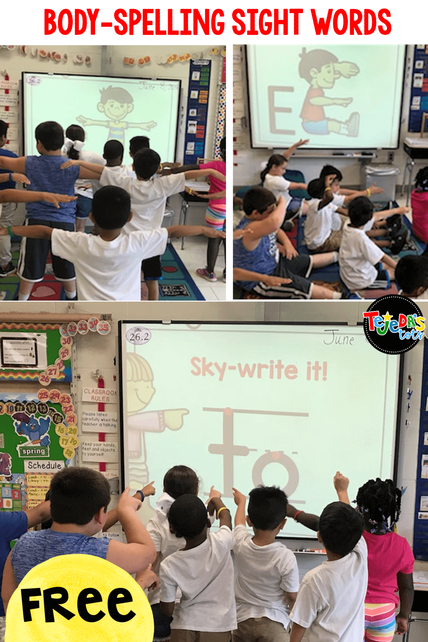 Many kids struggle to build sight word fluency. Using their bodies to spell words is a great way to incorporate movement into sight word instruction! This free body-spelling PowerPoint helps students learn sight words using visual, auditory, reading, writing, and kinesthetic methods! They'll read the words in context, say and spell, sky-write, body-spell, find them, and write them! #tejedastots #sightwords