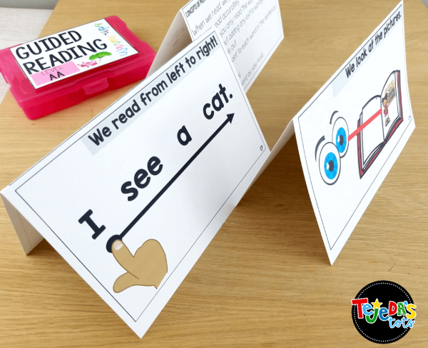I love using these guided reading teacher tent cards! If you teach reading skills and strategies, these will be your new best friend! They fold to stand with a teacher script on one side and an example to model the strategy on the student side. No planning ahead for this ready-to-go guided reading tool. #tejedastots #guidedreading