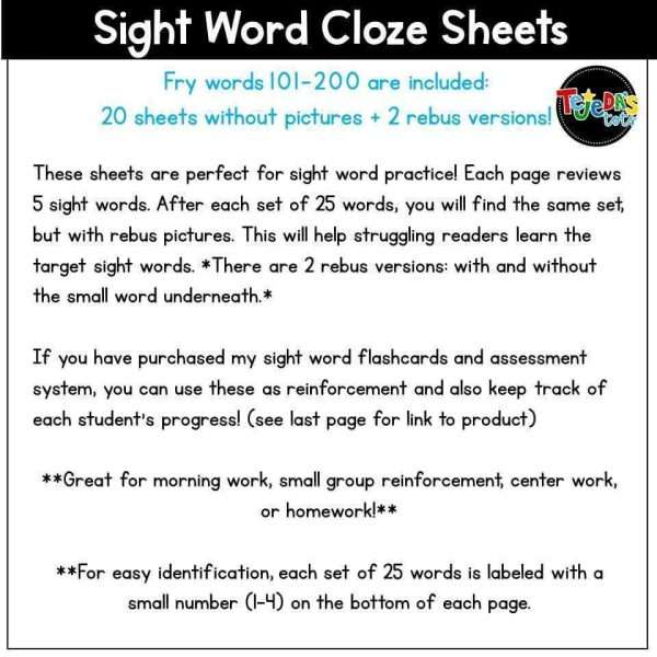 Sight Word Cloze Sheets Set 2: Fry Words 101-200