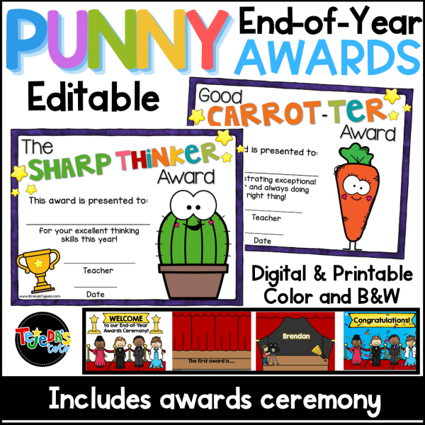 End of the Year Student Awards -Editable and Punny!
