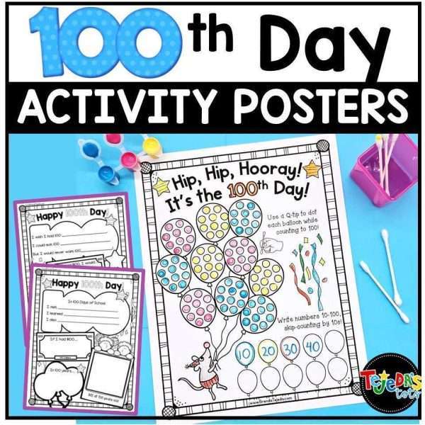 100th Day of School Coloring Page Craft Activity Posters K-1st Grade