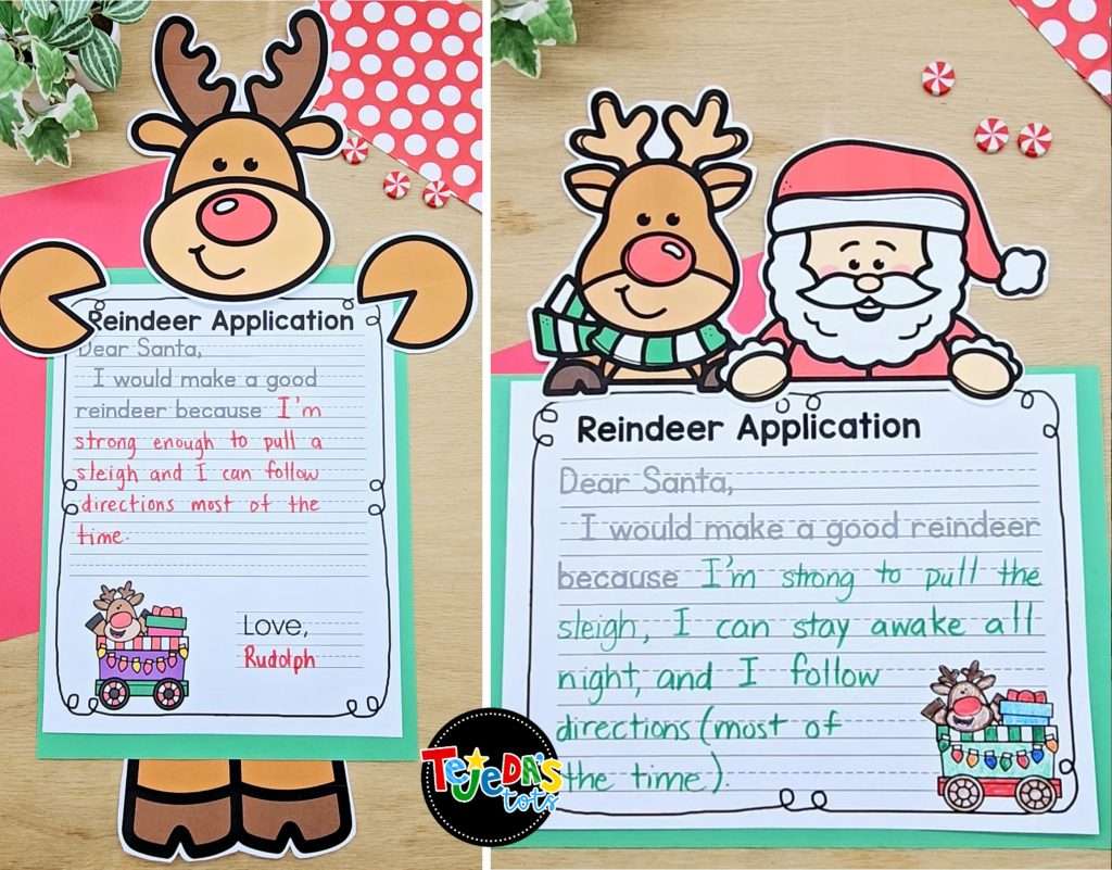 Image of a writing activity and craft. Santa and a reindeer are holding a reindeer application. Students wrote a letter explaining why they'd make a good reindeer.