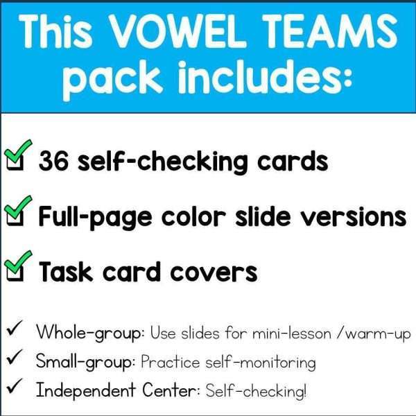 Vowel Teams Phonics Task Cards for Decoding Reading Fluency Science of Reading