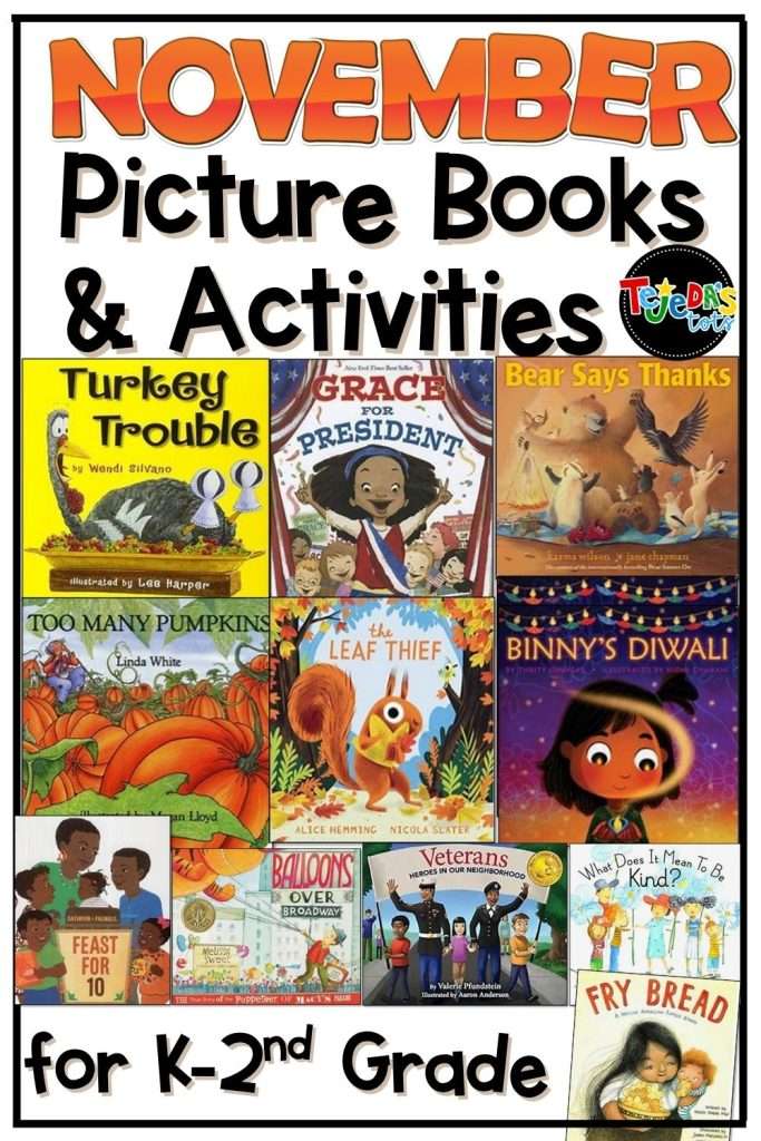 Collage of 11 November-themed picture books leading to a blog post with the book summaries and activity ideas. Text reads "November Picture Books & Activities for K-2nd Grade"