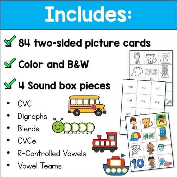 Phonics Picture Word Cards CVC Digraphs Blends CVCe Vowel Teams Literacy Center