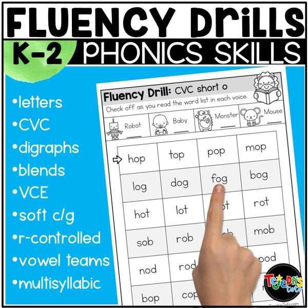 Reading Fluency Practice Letter Naming Fluency CVC Word List Digraphs VCE Blends