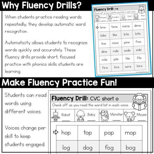 Reading Fluency Practice Letter Naming Fluency CVC Word List Digraphs VCE Blends