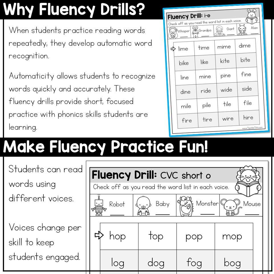 Reading Fluency Practice Letter Naming Fluency CVC Word List Digraphs VCE Blends - Image 5