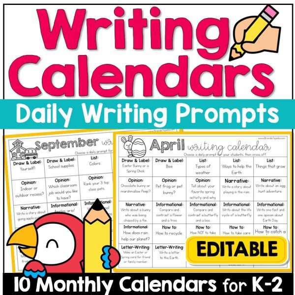 Daily Writing Prompts Monthly Calendars Kindergarten 1st Grade Writing Center