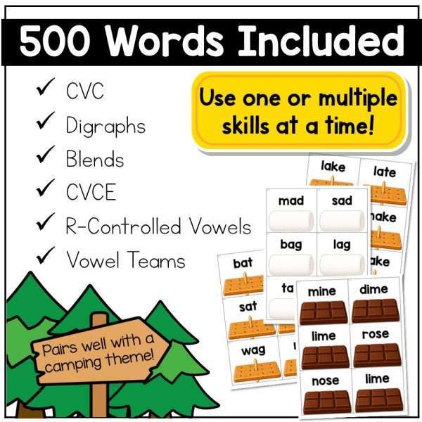 Phonics Card Game Camping Day Theme Kindergarten 1st Grade CVC Digraphs Blends