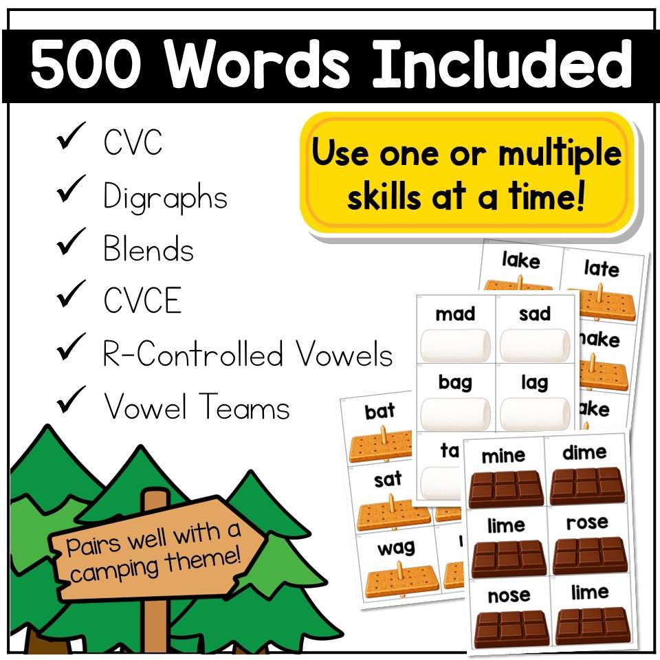 Phonics Card Game Camping Day Theme Kindergarten 1st Grade CVC Digraphs Blends - Image 3