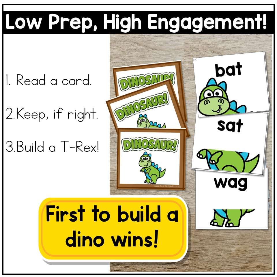 Phonics Card Game Dinosaurs Theme Kindergarten 1st Grade CVC Digraphs Blends VCE - Image 2