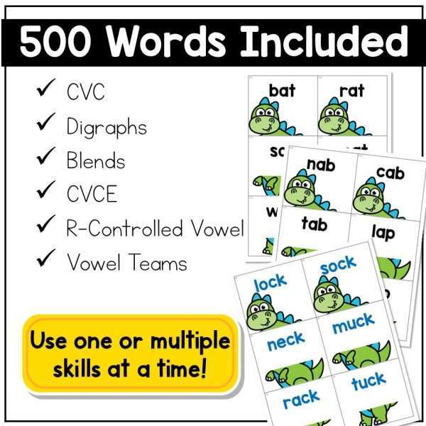 Phonics Card Game Dinosaurs Theme Kindergarten 1st Grade CVC Digraphs Blends VCE