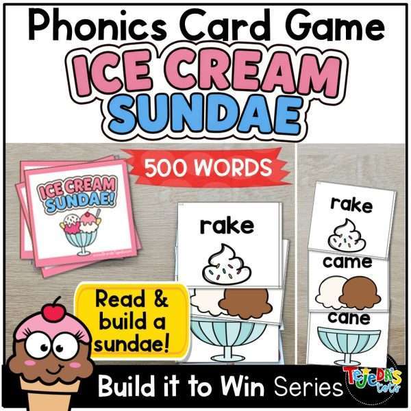 Phonics Card Game Ice Cream Day Theme Kindergarten 1st Grade CVC Digraphs Blends