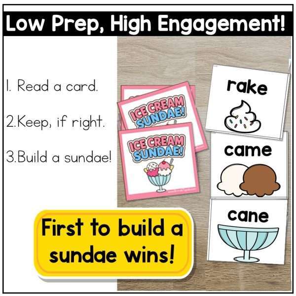 Phonics Card Game Ice Cream Day Theme Kindergarten 1st Grade CVC Digraphs Blends