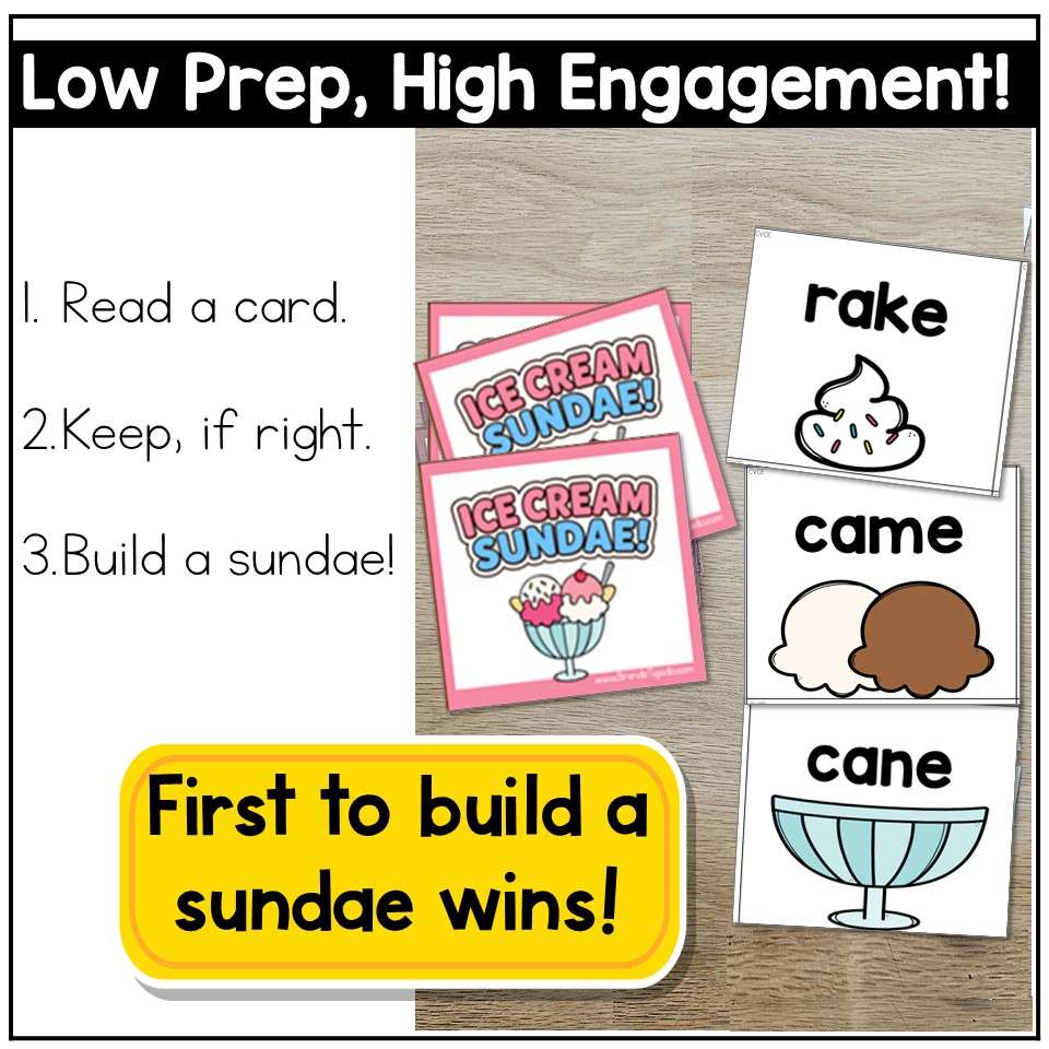 Phonics Card Game Ice Cream Day Theme Kindergarten 1st Grade CVC Digraphs Blends - Image 2