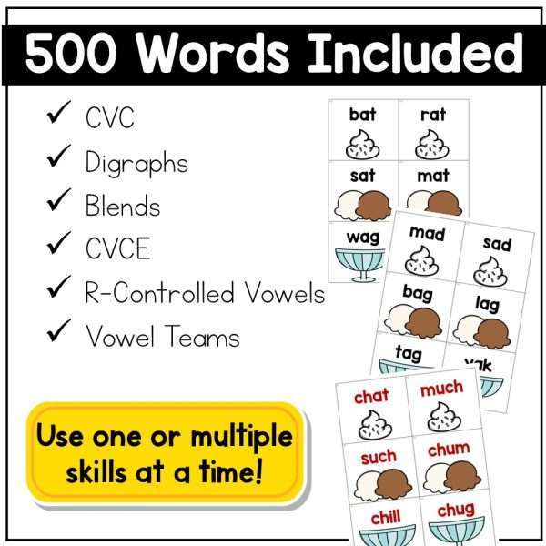 Phonics Card Game Ice Cream Day Theme Kindergarten 1st Grade CVC Digraphs Blends