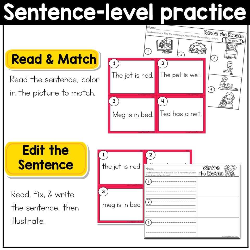CVC Short E Read the Room Write the Room Phonics Center Kindergarten 1st Grade