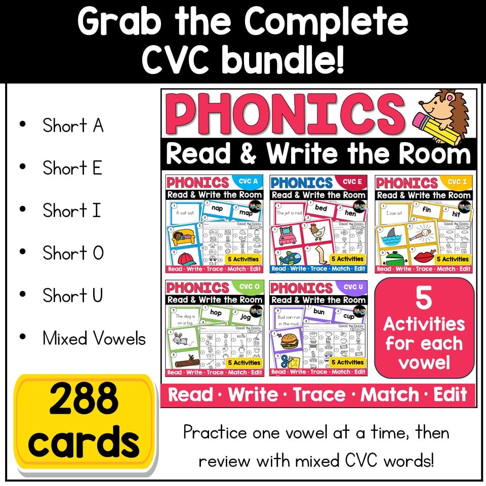 CVC Read the Room Write the Room Phonics Center Kindergarten 1st Grade Short A