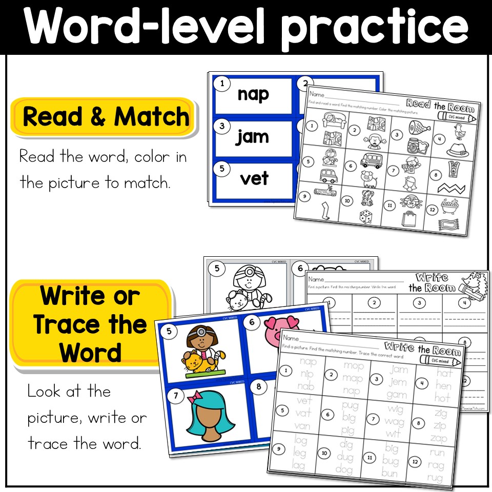 CVC Words Read the Room Write the Room Phonics Center Kindergarten 1st Grade