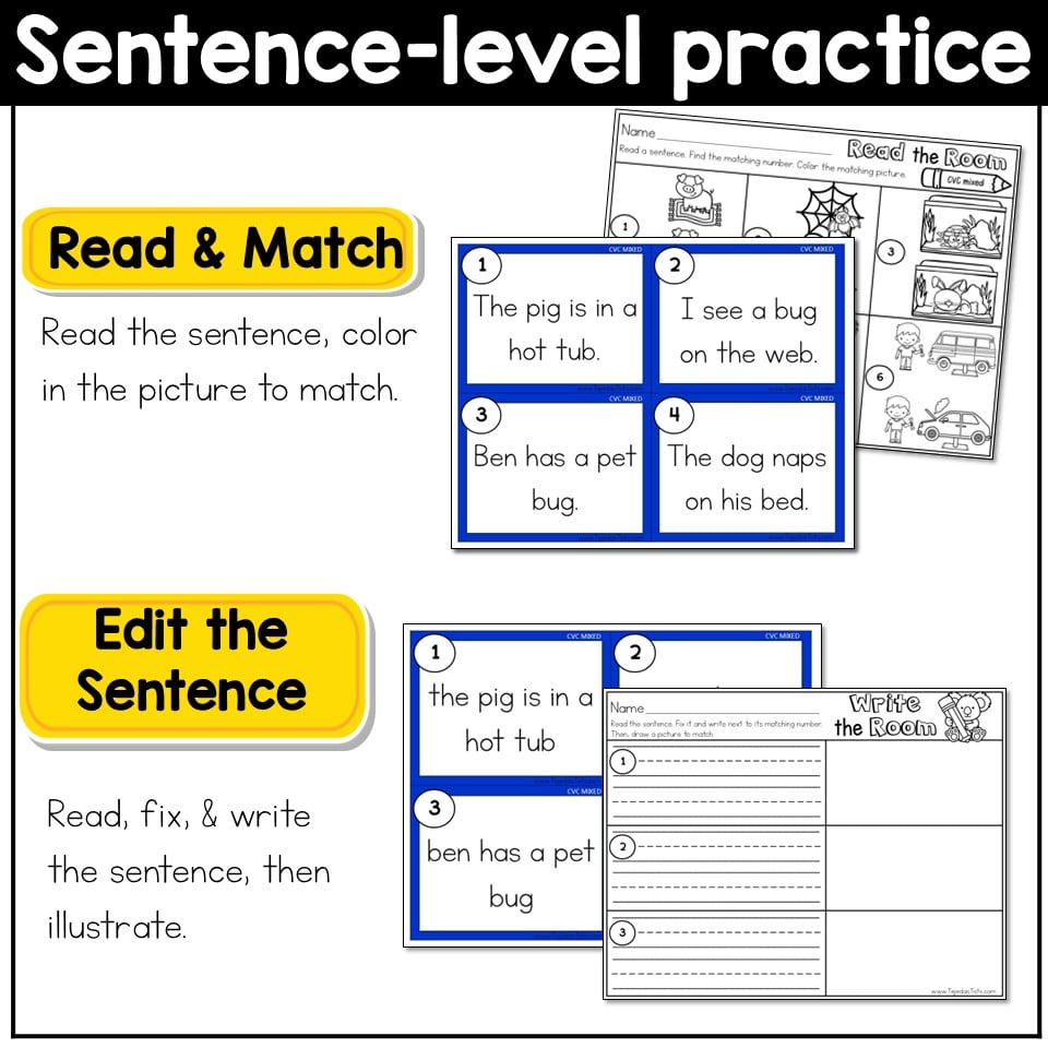 CVC Words Read the Room Write the Room Phonics Center Kindergarten 1st Grade