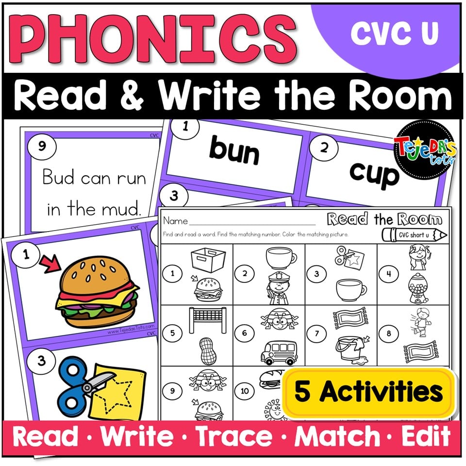CVC Short U Read the Room Write the Room Phonics Center Kindergarten 1st Grade