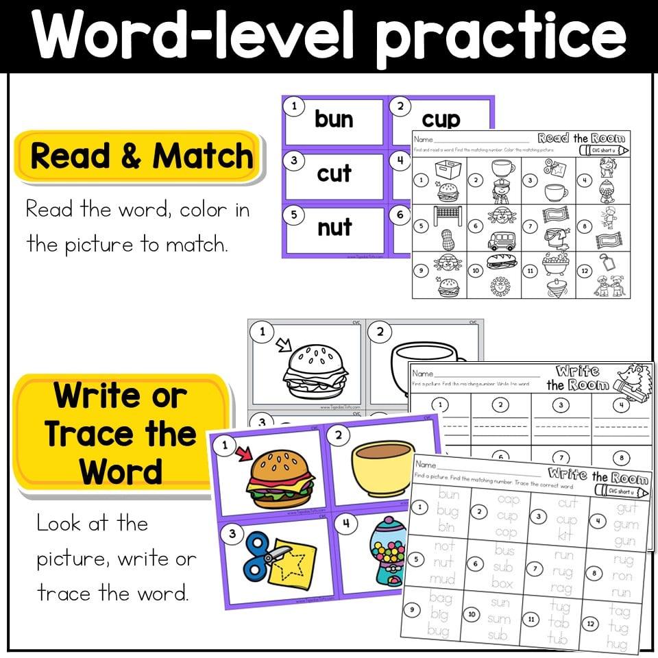 CVC Short U Read the Room Write the Room Phonics Center Kindergarten 1st Grade