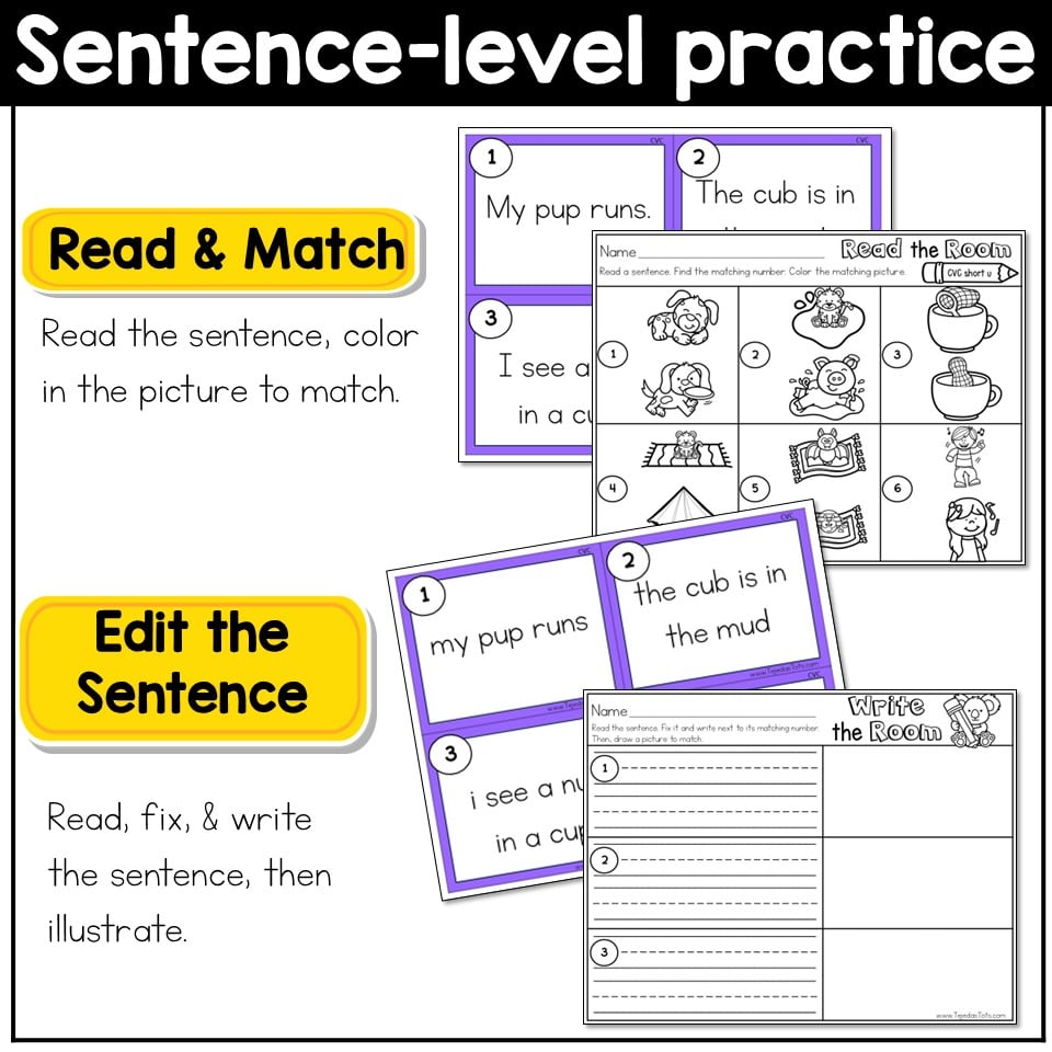 CVC Short U Read the Room Write the Room Phonics Center Kindergarten 1st Grade