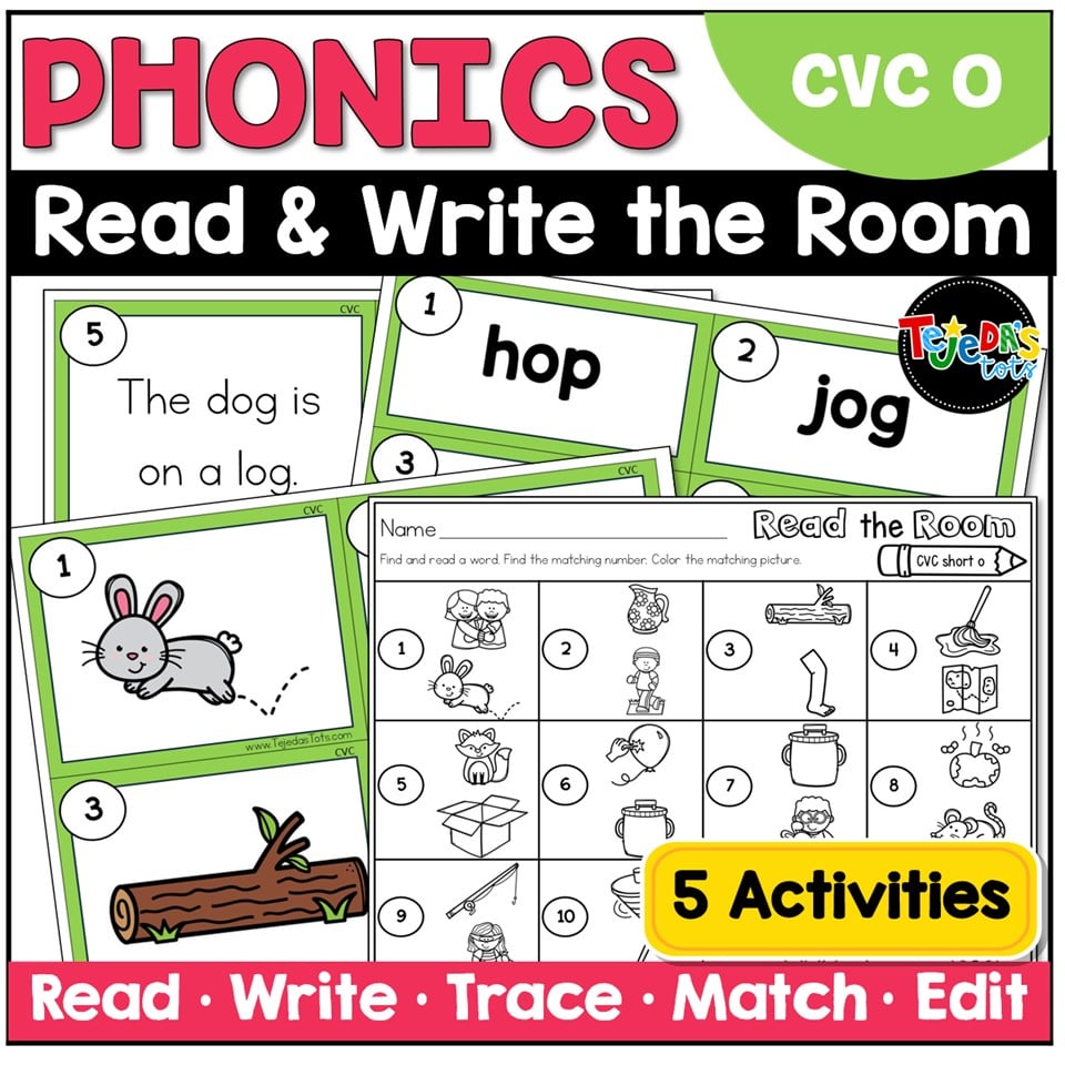 CVC Short O Read the Room Write the Room Phonics Center Kindergarten 1st Grade