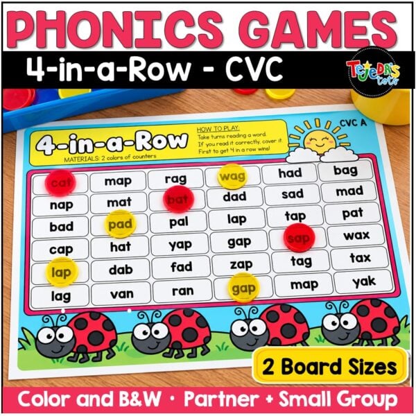 CVC Words Game Phonics Center 4 in a Row Short Vowels Kindergarten 1st Grade - Image 1