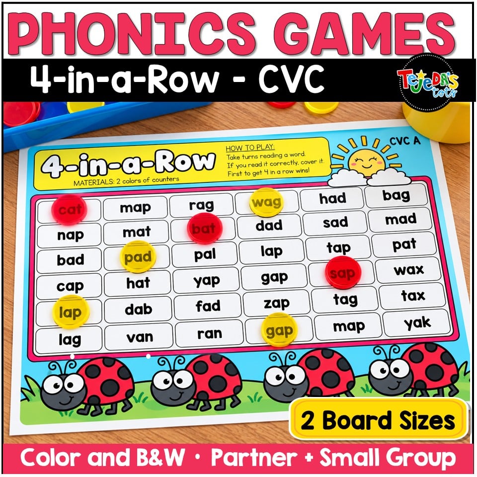 CVC Words Game Phonics Center 4 in a Row Short Vowels Kindergarten 1st Grade