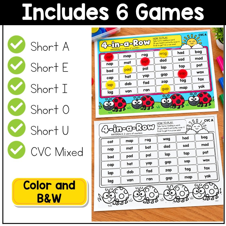 CVC Words Game Phonics Center 4 in a Row Short Vowels Kindergarten 1st Grade