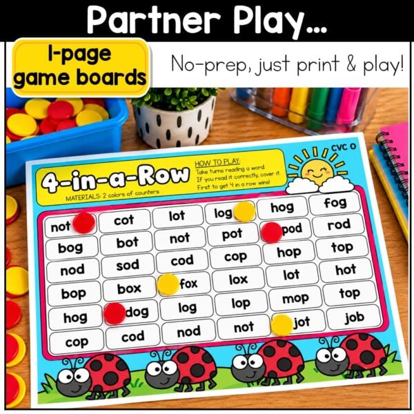 CVC Words Game Phonics Center 4 in a Row Short Vowels Kindergarten 1st Grade - Image 4