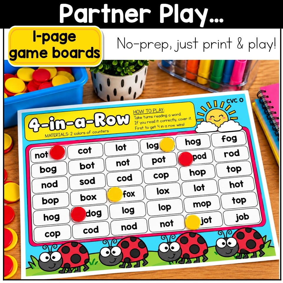 CVC Words Game Phonics Center 4 in a Row Short Vowels Kindergarten 1st Grade