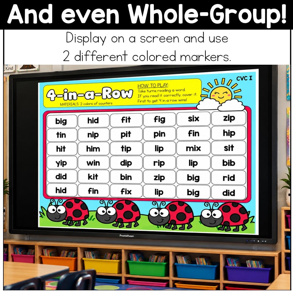CVC Words Game Phonics Center 4 in a Row Short Vowels Kindergarten 1st Grade