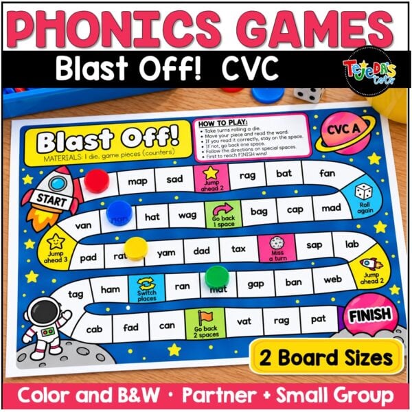 CVC Words Game Phonics Center Blast Off Short Vowels Kindergarten 1st Grade - Image 1