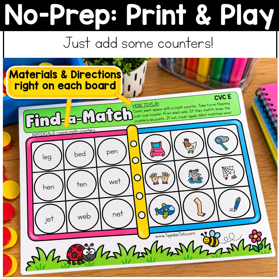 CVC Words Game Phonics Center Memory Match Short Vowels Kindergarten 1st Grade