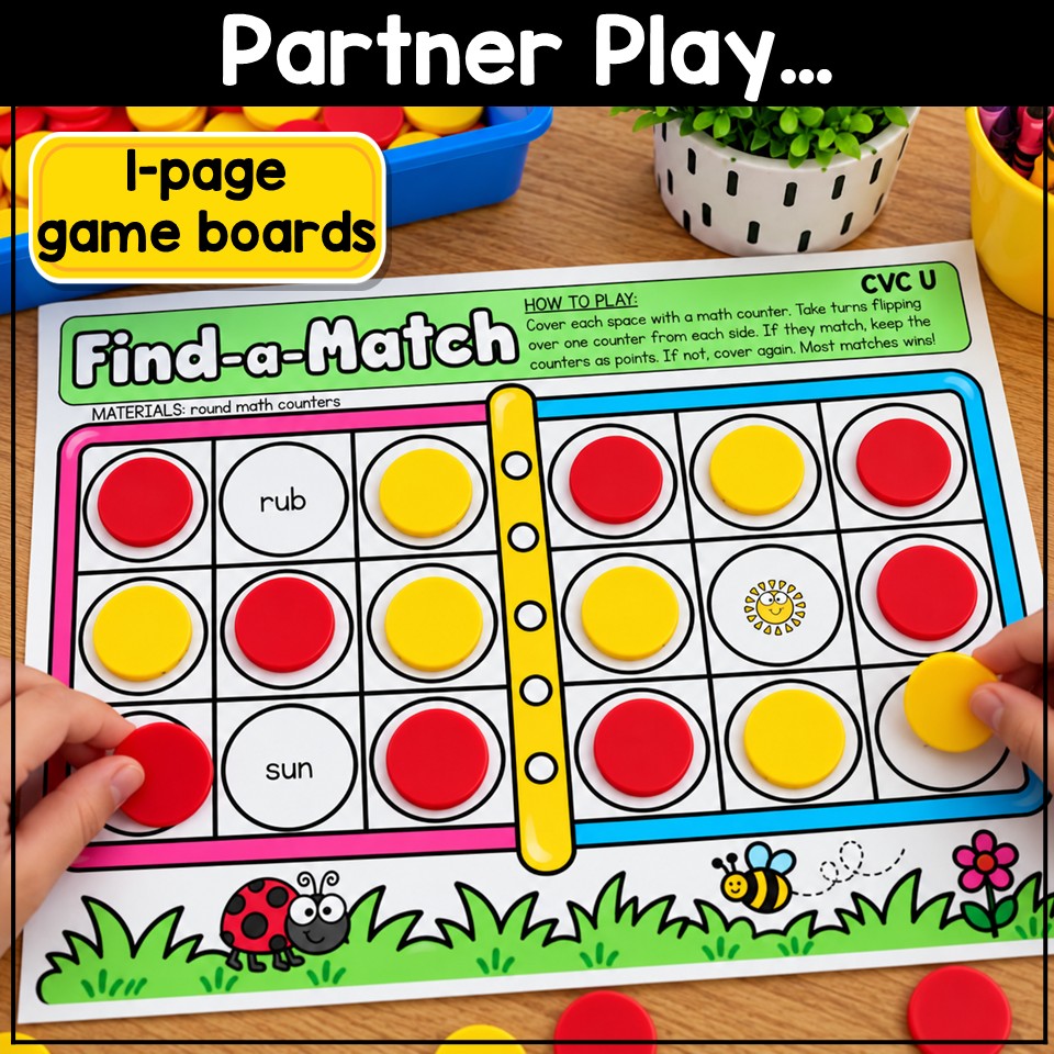 CVC Words Game Phonics Center Memory Match Short Vowels Kindergarten 1st Grade