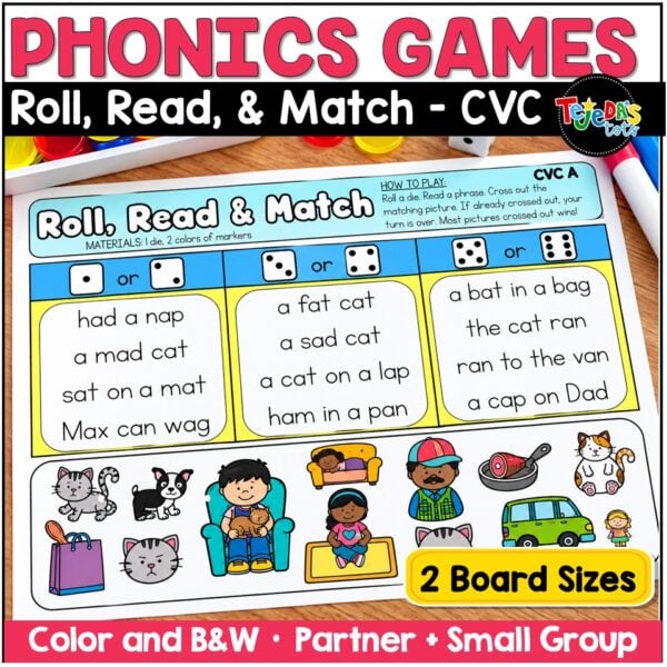CVC Words Roll and Read Game Short Vowel Phrases Kindergarten 1st Grade Center - Image 1