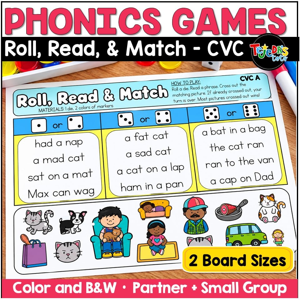 CVC Words Roll and Read Game Short Vowel Phrases Kindergarten 1st Grade Center