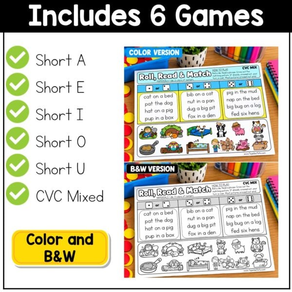 CVC Words Roll and Read Game Short Vowel Phrases Kindergarten 1st Grade Center - Image 2