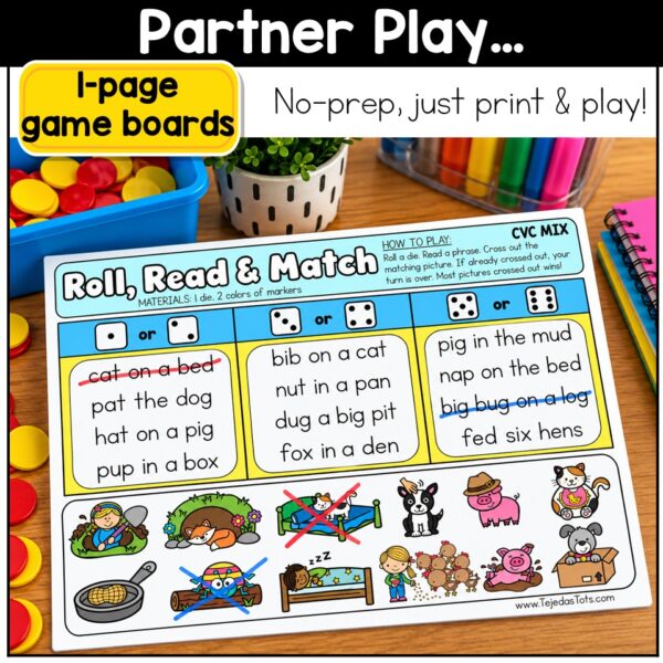 CVC Words Roll and Read Game Short Vowel Phrases Kindergarten 1st Grade Center - Image 3