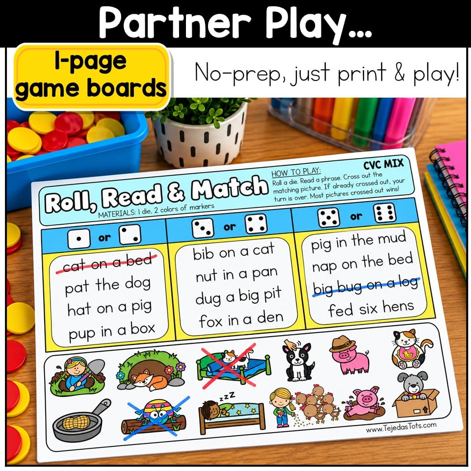 CVC Words Roll and Read Game Short Vowel Phrases Kindergarten 1st Grade Center
