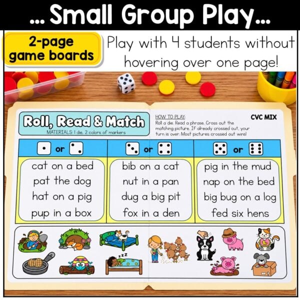 CVC Words Roll and Read Game Short Vowel Phrases Kindergarten 1st Grade Center - Image 4