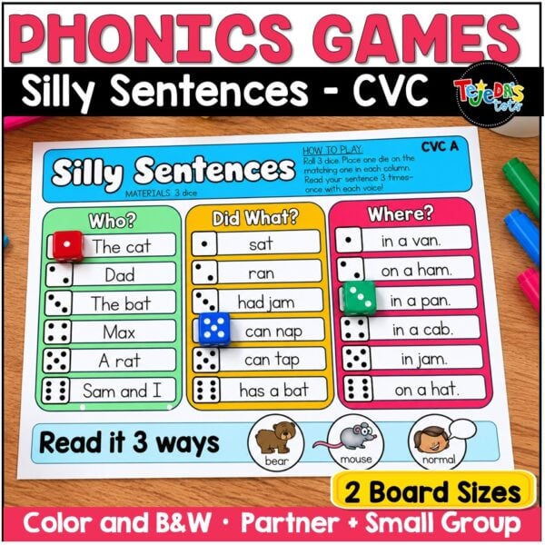 CVC Words Game Phonics Center Roll and Read Short Vowels Kindergarten 1st Grade - Image 1