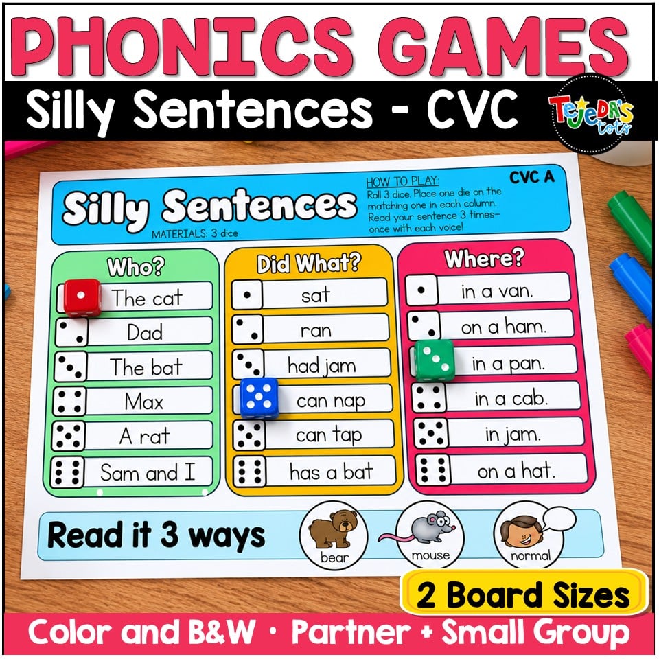 CVC Words Game Phonics Center Roll and Read Short Vowels Kindergarten 1st Grade