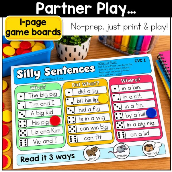 CVC Words Game Phonics Center Roll and Read Short Vowels Kindergarten 1st Grade - Image 3