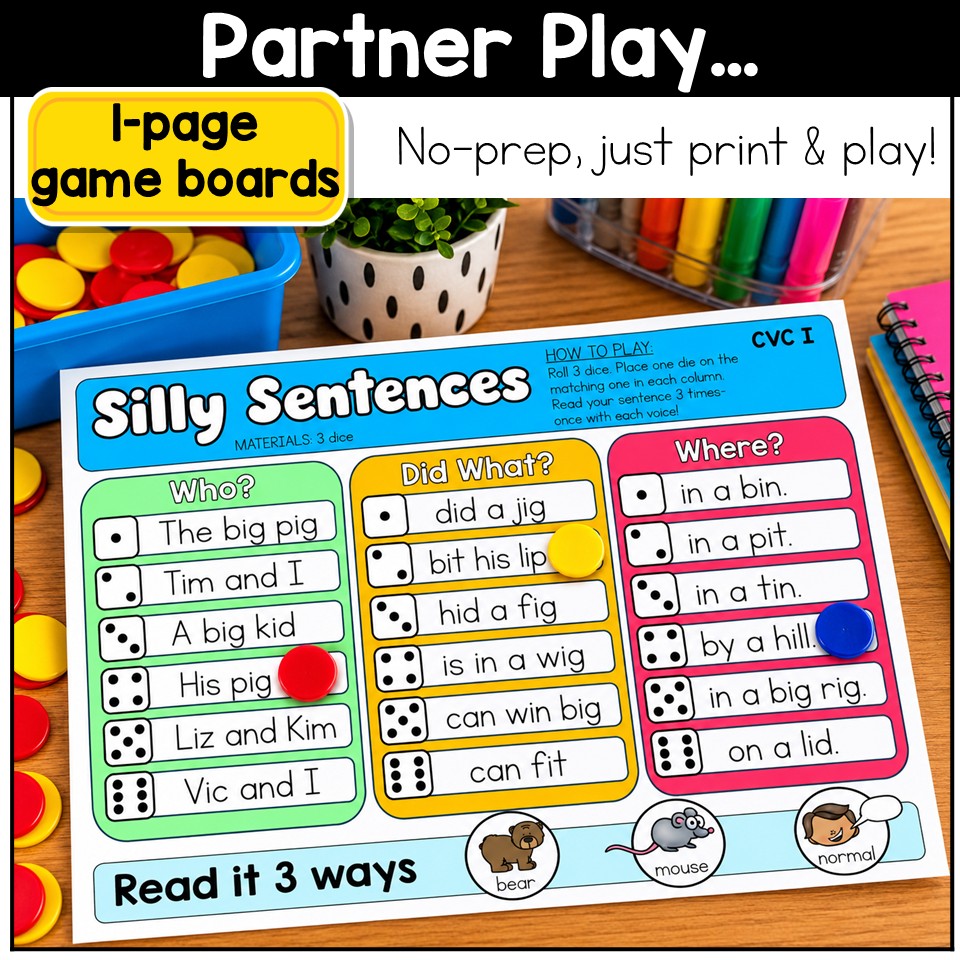 CVC Words Game Phonics Center Roll and Read Short Vowels Kindergarten 1st Grade