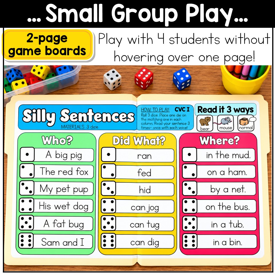 CVC Words Game Phonics Center Roll and Read Short Vowels Kindergarten 1st Grade