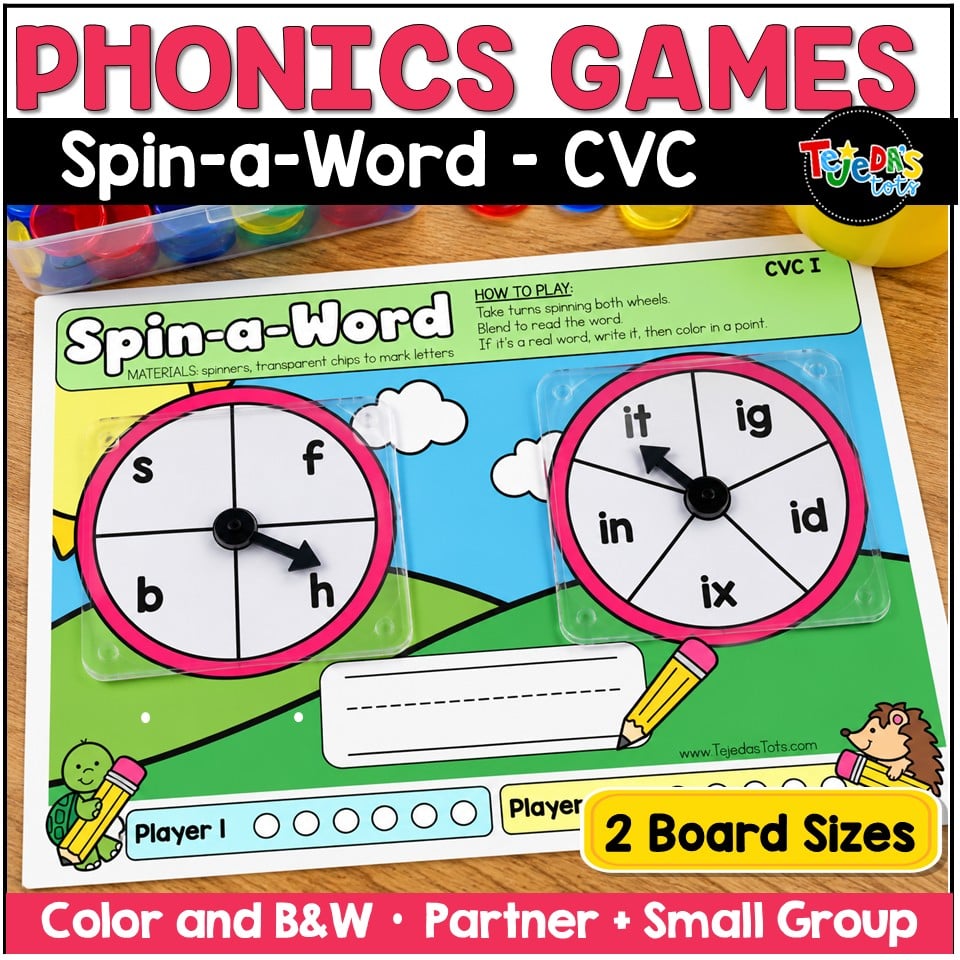 CVC Words Game Phonics Center Spin a Word Short Vowels Kindergarten 1st Grade